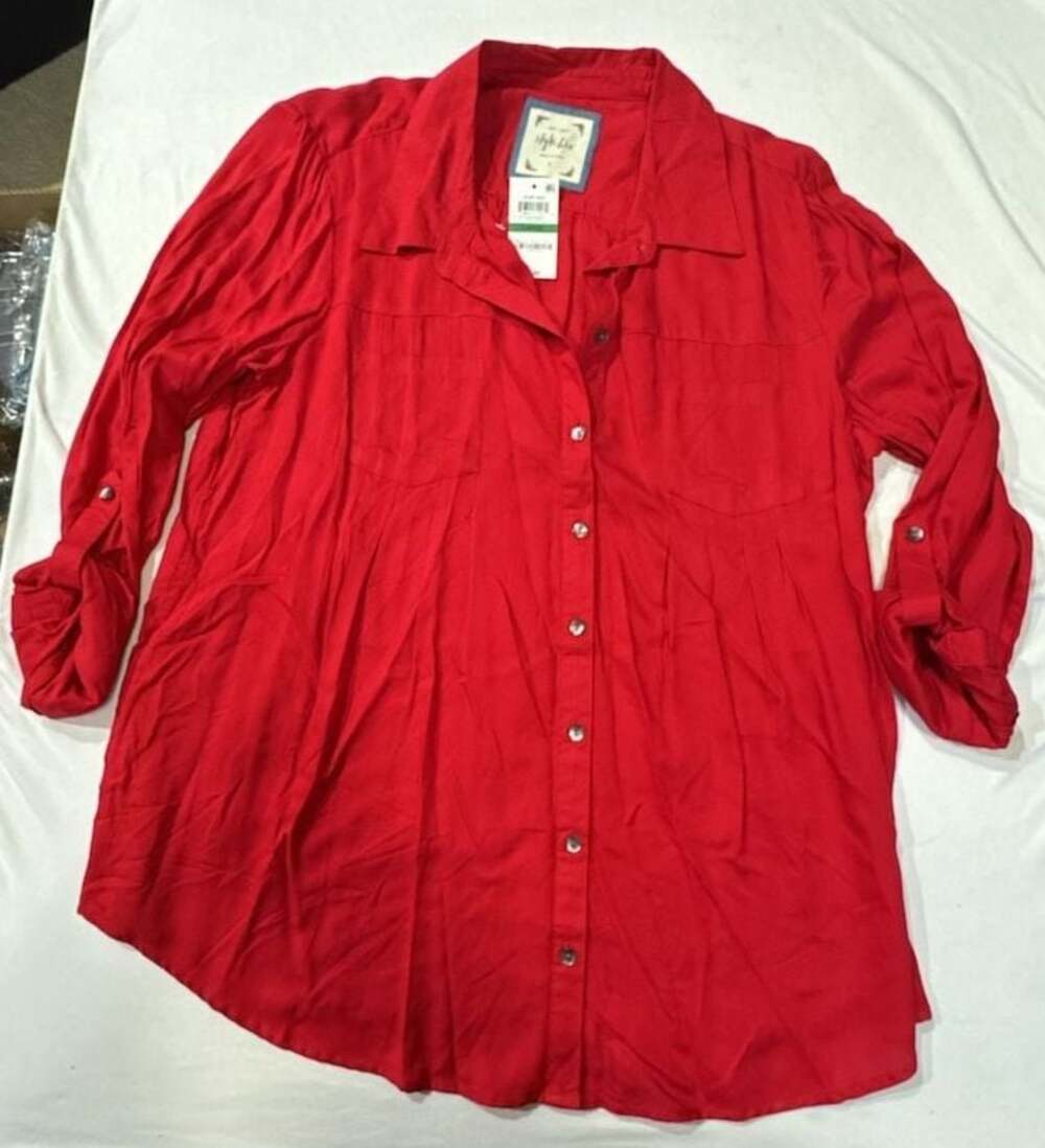 M422 Style & Co. Red Button-Down Roll-Tab Sleeve Shirt Size Large
